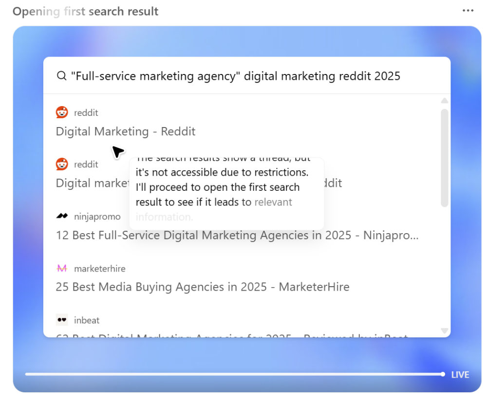 Digital assistant search interface for marketing agency queries