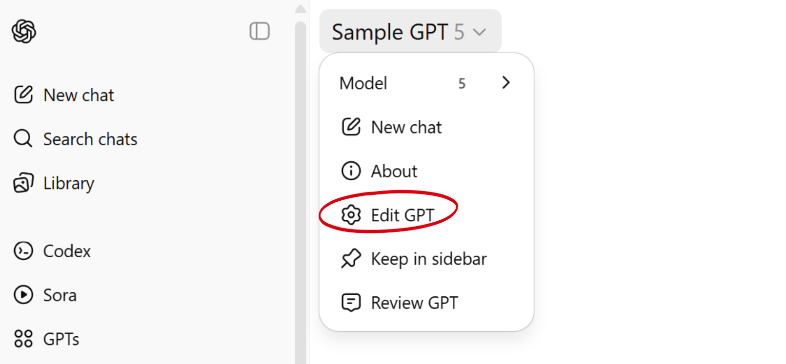 Dropdown menu showing -Edit GPT- option circled in a ChatGPT interface