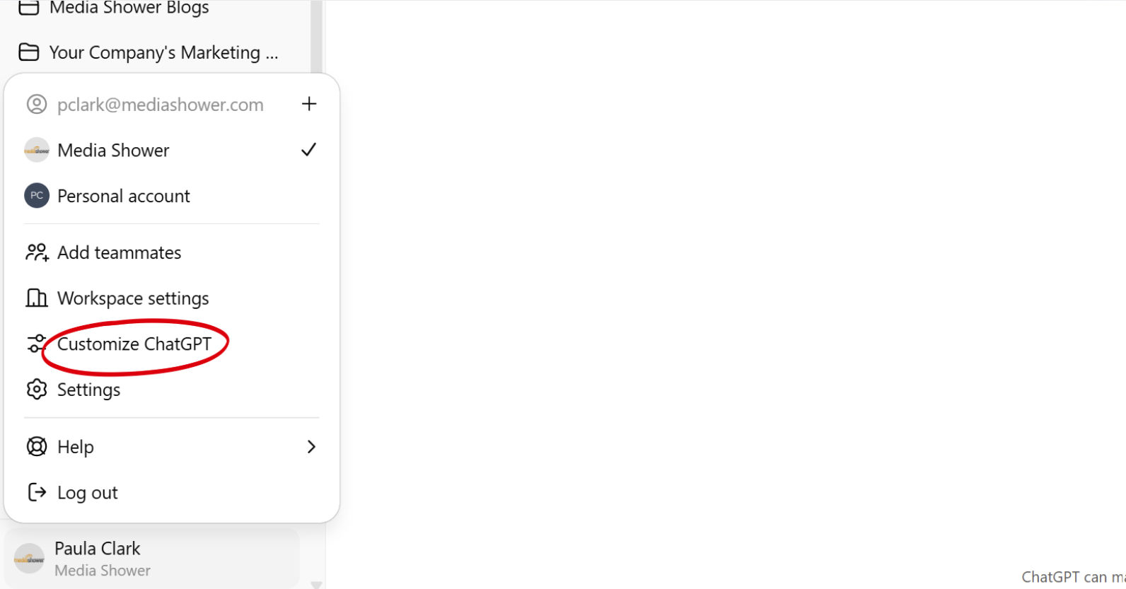 Dropdown menu with -Customize ChatGPT- option highlighted in a user account interface