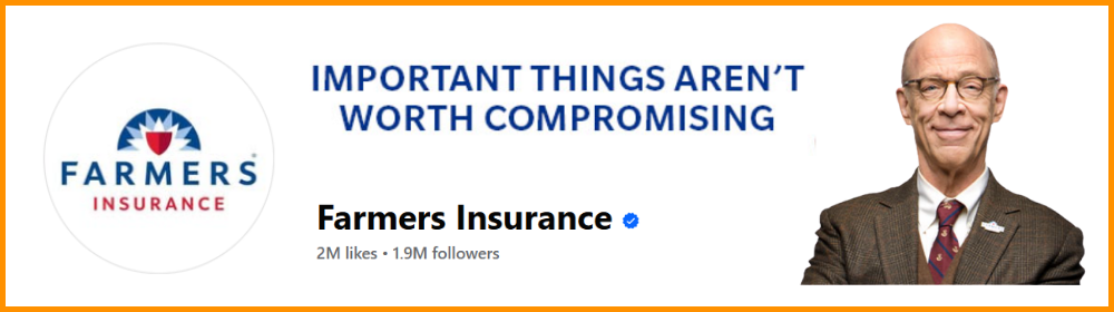 Farmers Insurance's Facebook profile banner with slogan and spokesperson image, 2M likes, 1.9M followers