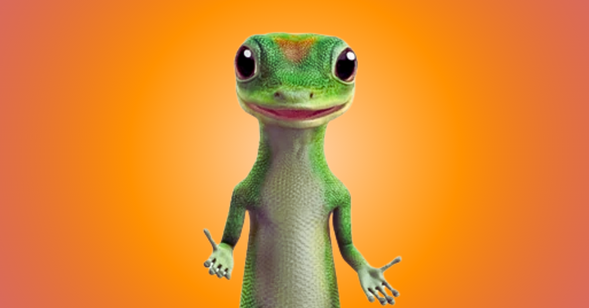 GEICO Gecko standing against a vibrant orange gradient background