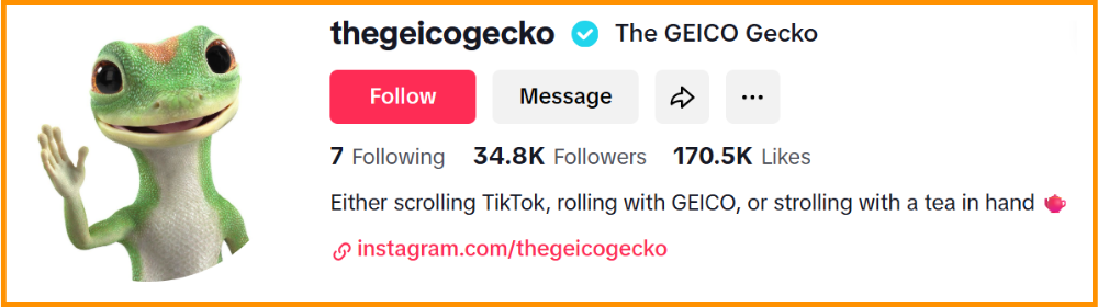 GEICO Gecko's TikTok profile with bio and follower count displayed