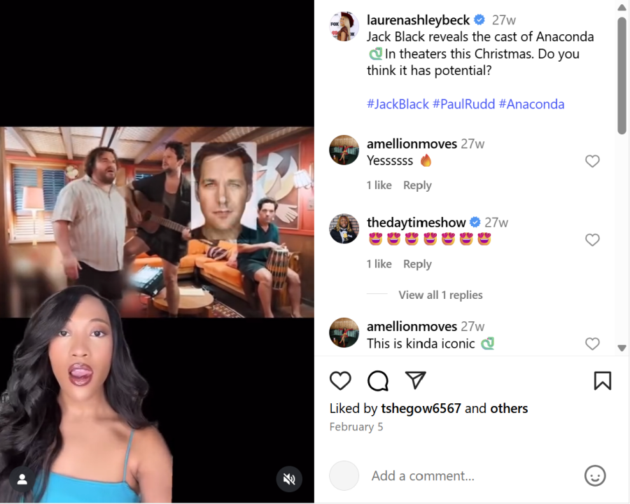 Instagram reel discussing Jack Black, Paul Rudd in Anaconda cast