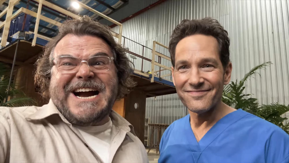 Jack Black and Paul Rudd smiling for a selfie on a film set