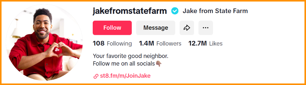 Jake from State Farm's TikTok profile with follower count, likes, and social media invitation