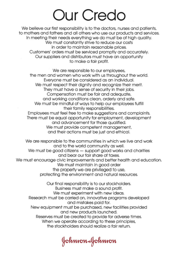Johnson & Johnson Credo outlining company values and responsibilities