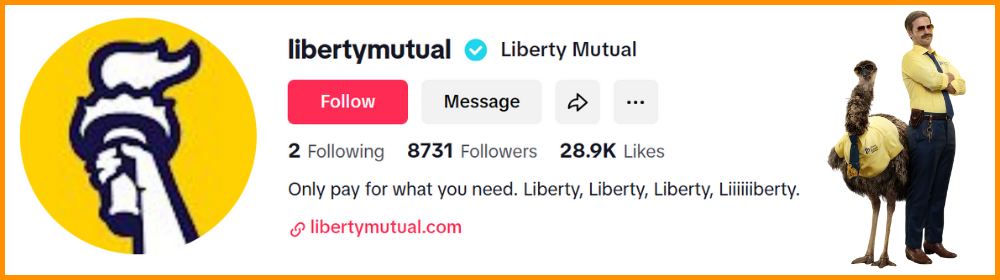 Liberty Mutual's TikTok profile with follower count, likes, and catchy slogan, featuring an emu