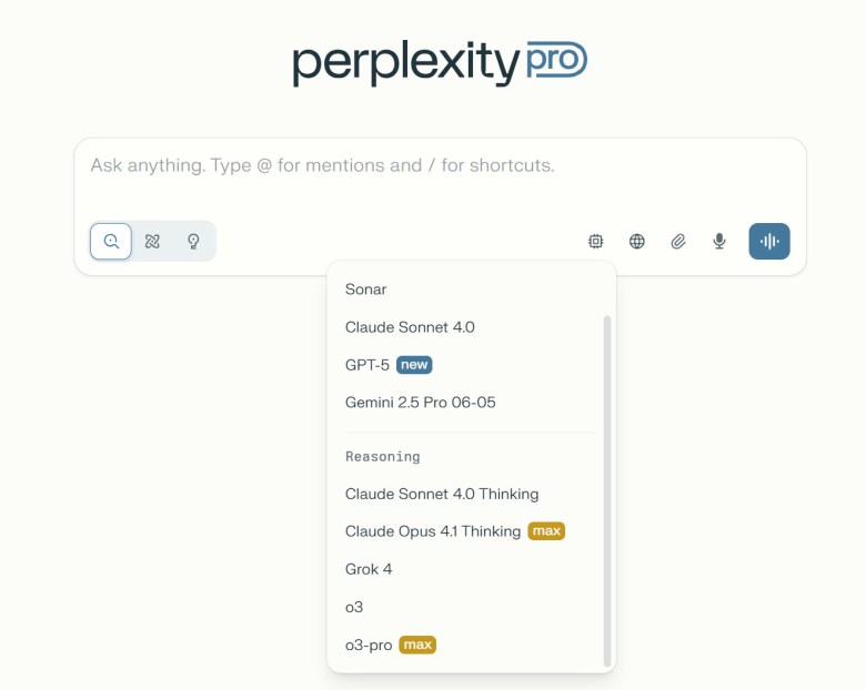 Perplexity Pro interface with a dropdown menu of AI model selections