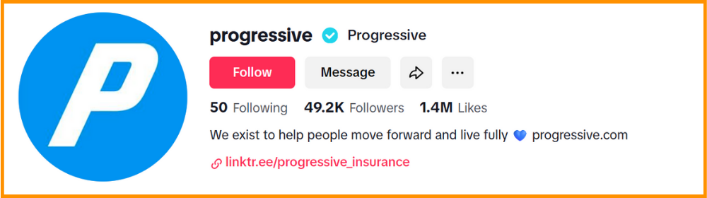 Progressive's TikTok profile showing follower count, likes, and company mission statement