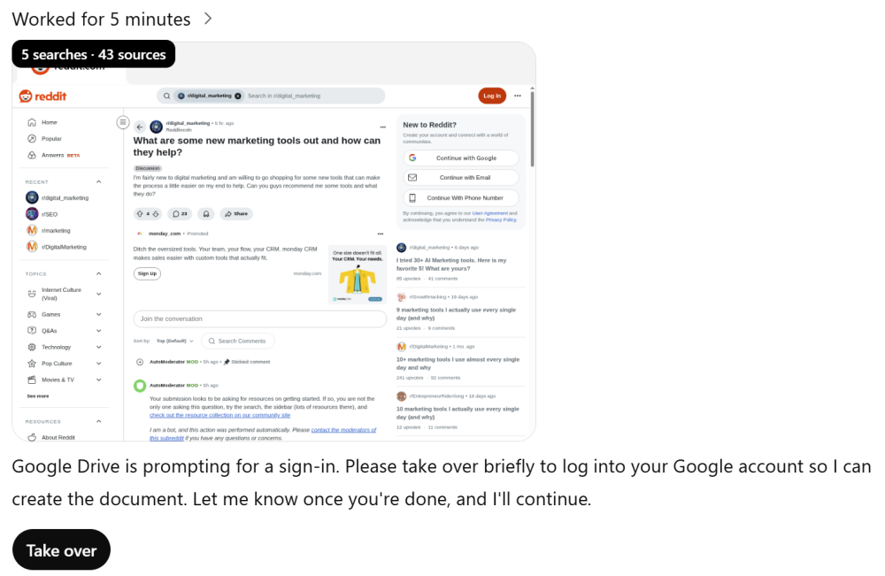 Reddit page discussing new marketing tools and strategies