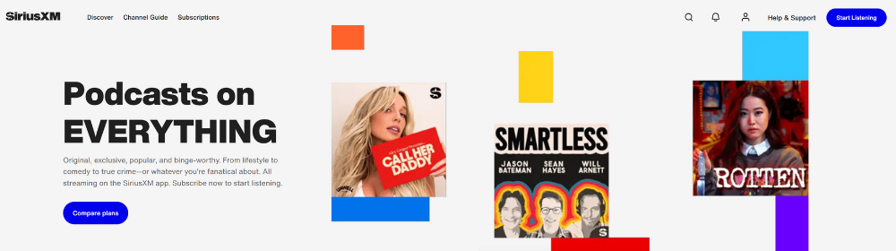 SiriusXM webpage showcasing various podcast offerings with colorful design elements