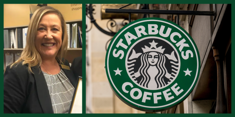 Smiling woman next to iconic green Starbucks Coffee sign