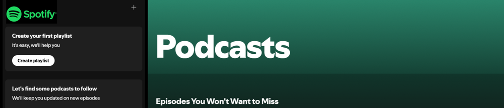 Spotify interface featuring podcasts section and playlist creation prompt