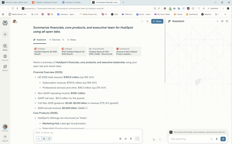 Team analyzing HubSpot financials, products, and leadership on a digital workspace