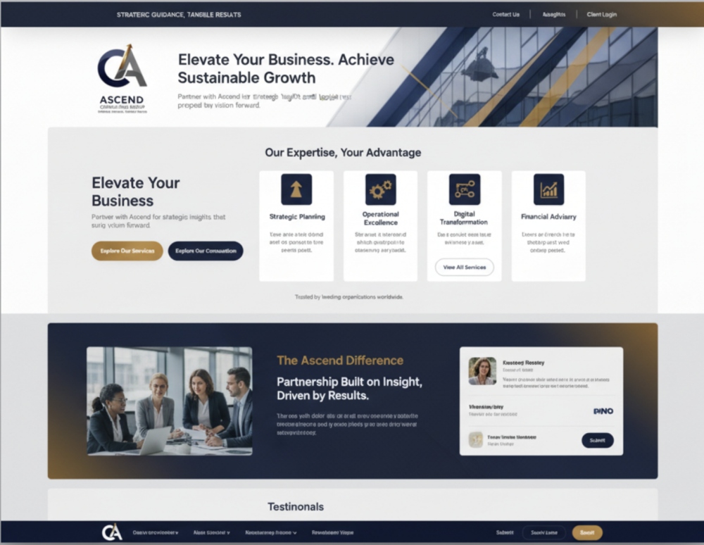 Ascend Consulting Group website homepage with business services, expertise, and client testimonials