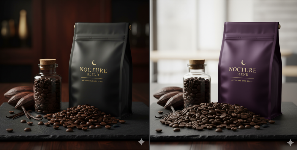 Before and after AI coffee bag color and background changed to lighter tones