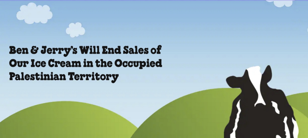 Ben & Jerry's announcement ending ice cream sales in occupied Palestinian territory with cow silhouette on green hills