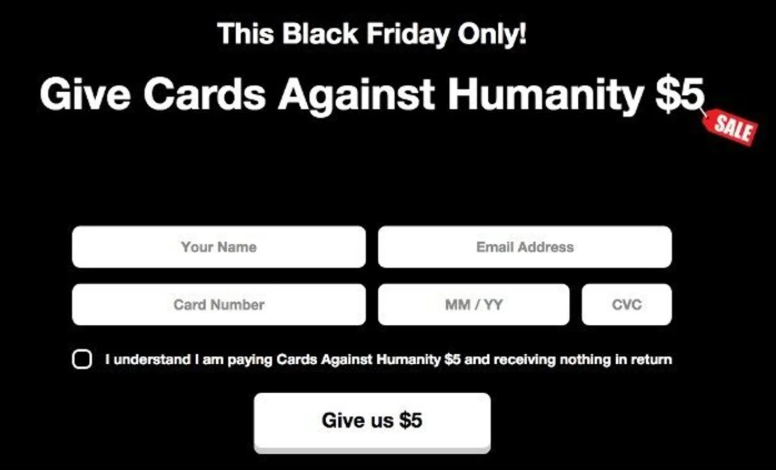 Cards Against Humanity Black Friday sale page offering $5 donation with name, email, and card details form