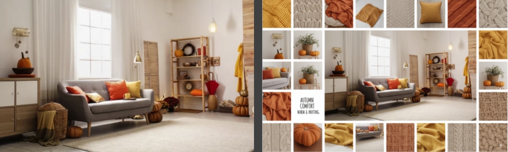 Cozy autumn living room with gray sofa, orange pillows, pumpkins, and warm decor accents