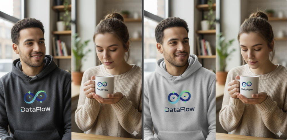 DataFlow logo on dark vs light hoodie and mug branding