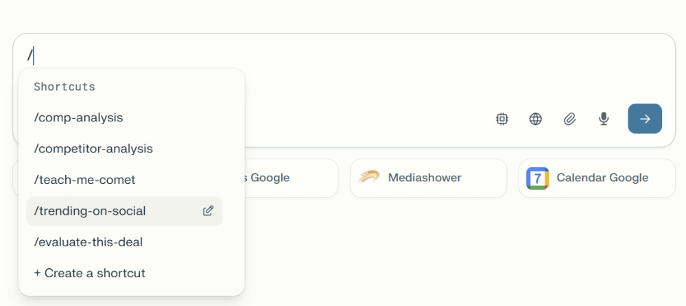 Dropdown of shortcut options in search