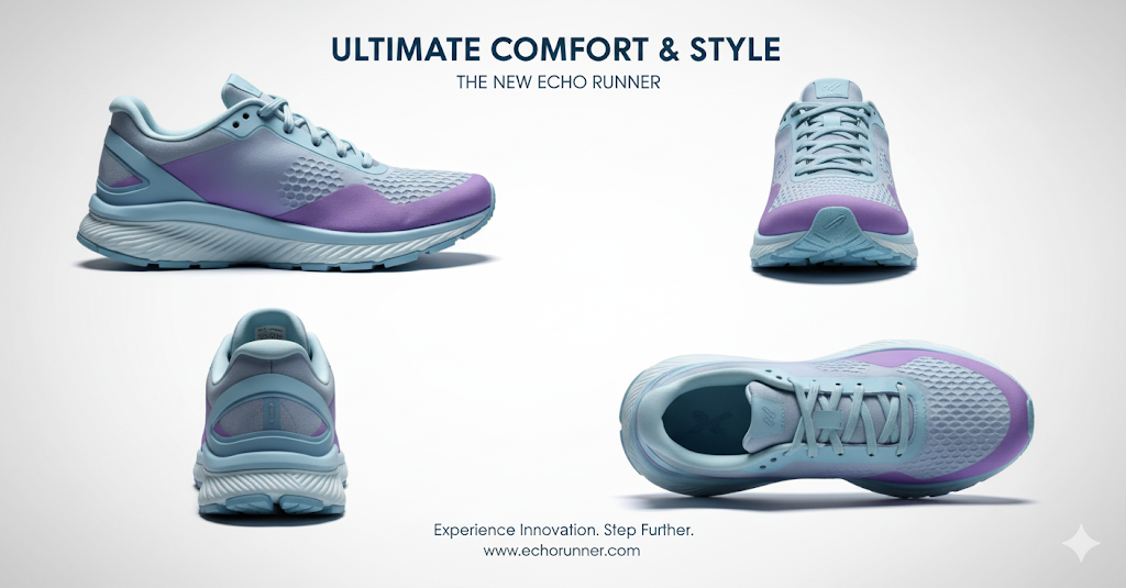 Echo Runner shoes in pastel blue and purple, shown from multiple angles for comfort and style