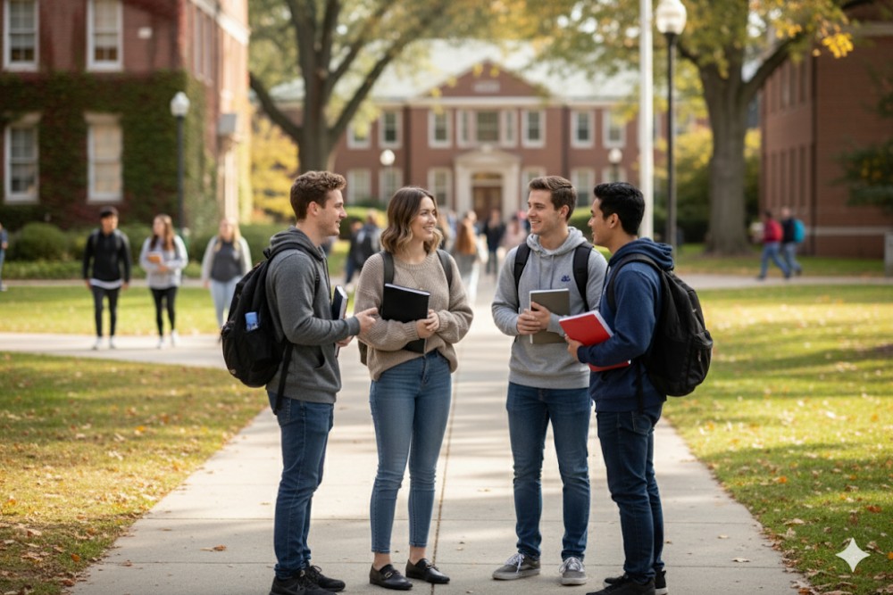 Four college students with backpacks and notebooks talking on campus pathway in autumn