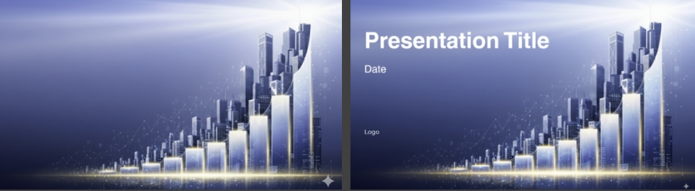 Futuristic city skyline with upward light beams, used as business presentation slides