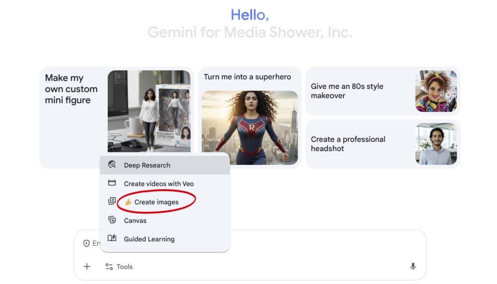 Gemini for Media Shower interface with options to create custom mini figure, superhero, 80s makeover, and headshot, highlighting create images tool