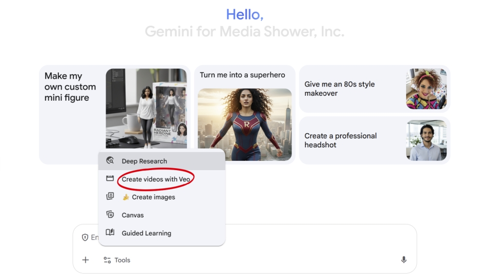 Gemini for Media Shower interface with options to create custom mini figure, superhero, 80s makeover, and headshot, highlighting deep research tool