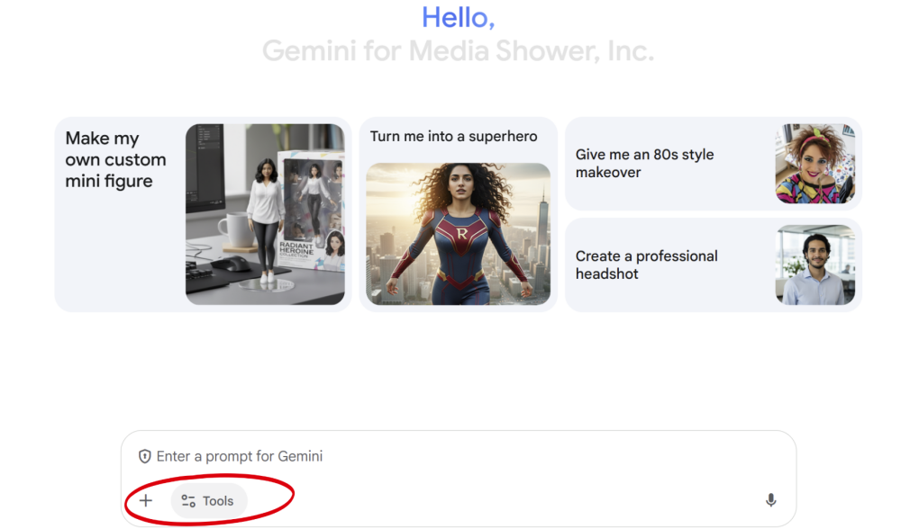 Gemini for Media Shower interface with options to make custom mini figure, superhero, 80s makeover, and professional headshot