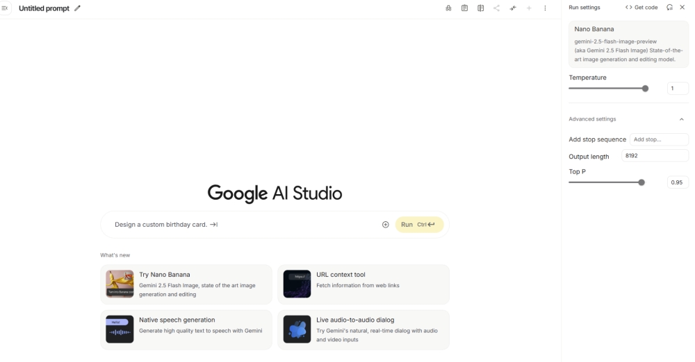 Google AI Studio interface with prompt input and settings panel on a clean white background