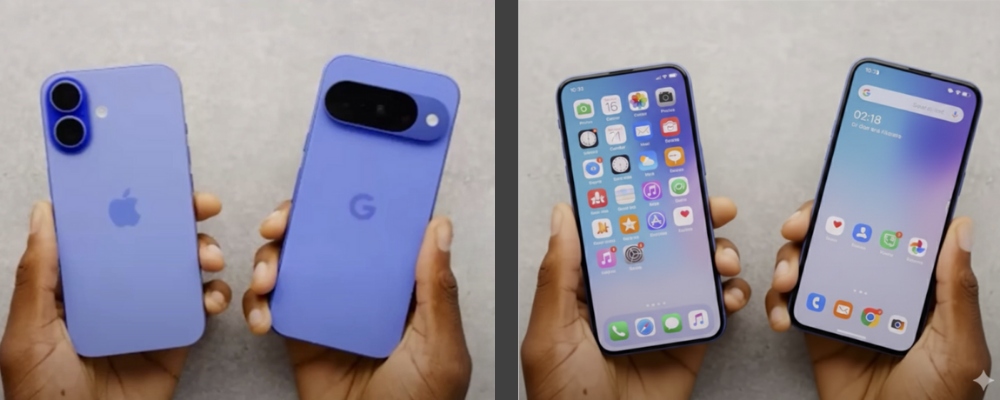 Hands holding blue iPhone and Google Pixel smartphones, showing back and home screens