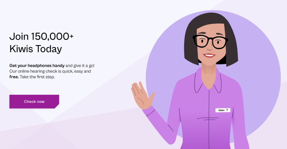 Join 150,000+ Kiwis ad with Helen T in purple uniform offering free online hearing check