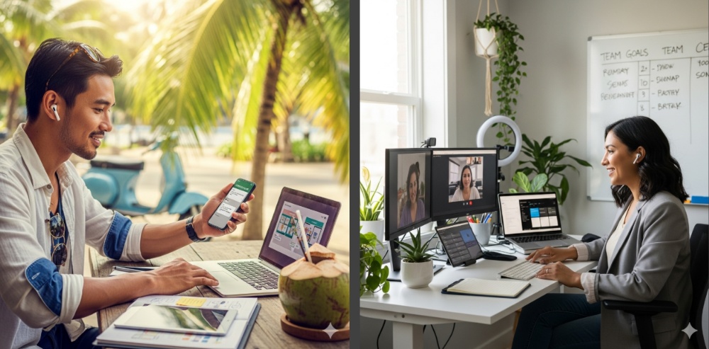 Man working remotely outdoors with laptop and phone; woman in virtual meeting at home office