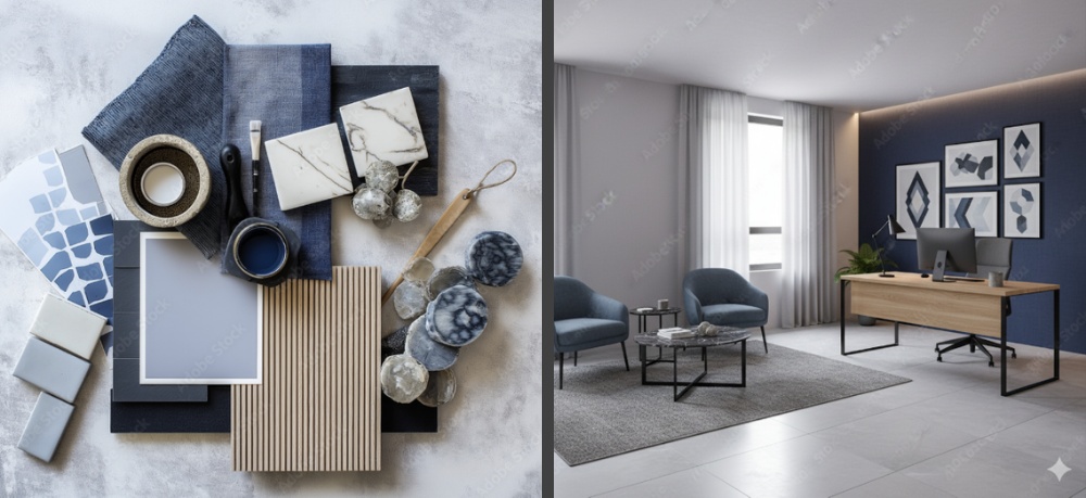 Modern office mood board and blue workspace with desk, chairs, and abstract art