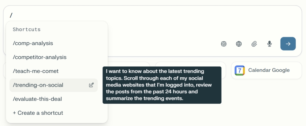 Search dropdown with shortcut descriptions