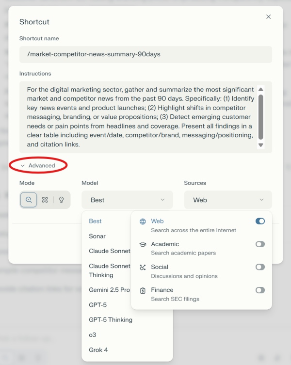 Shortcut settings with Advanced options shown