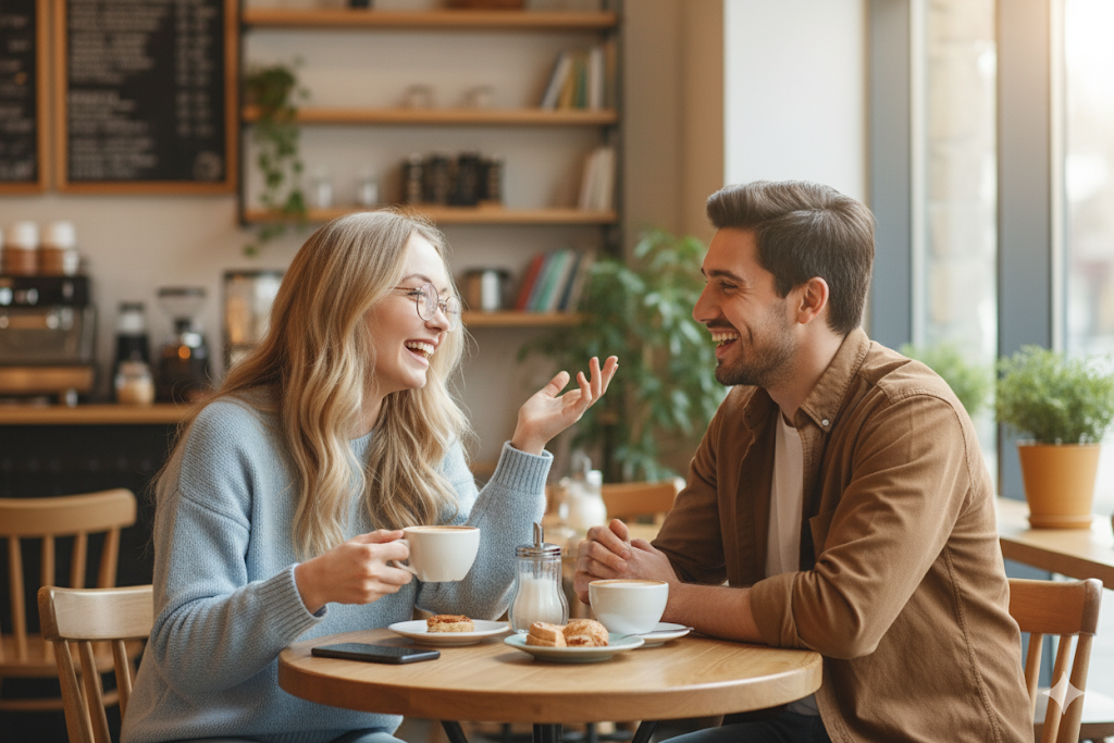 Smiling young couple enjoying coffee and conversation at a cafe table