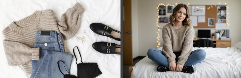 Woman in beige sweater and blue jeans sitting on bed in cozy, decorated bedroom