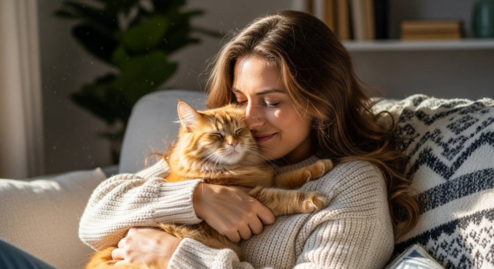 Woman in sweater hugging orange cat on couch with plant and books in background