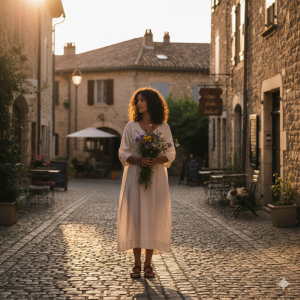 Woman in white dress holding bouquet on cobblestone street in sunny village