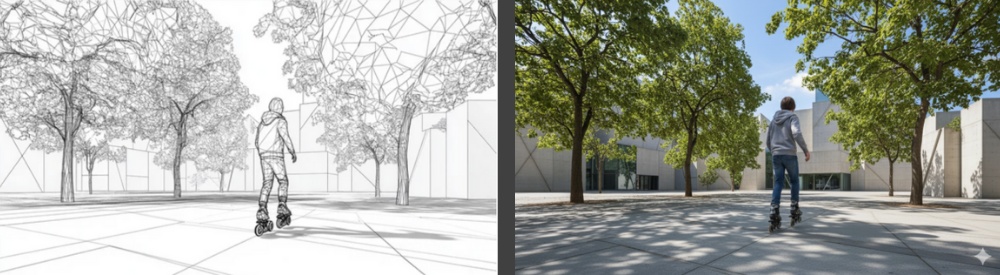 left side shows sketched outline of person rollerblading among trees; right side shows real-life scene of the same person rollerblading in a modern plaza with trees