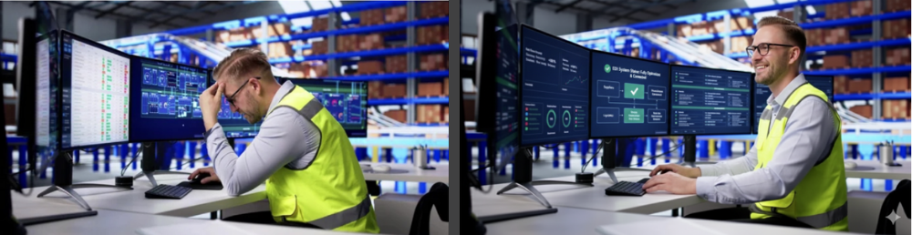 stressed vs happy worker using inventory management software