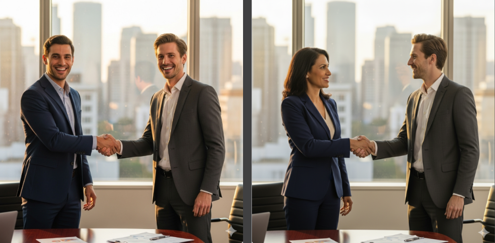 two men shaking hands and a man and woman shaking hands
