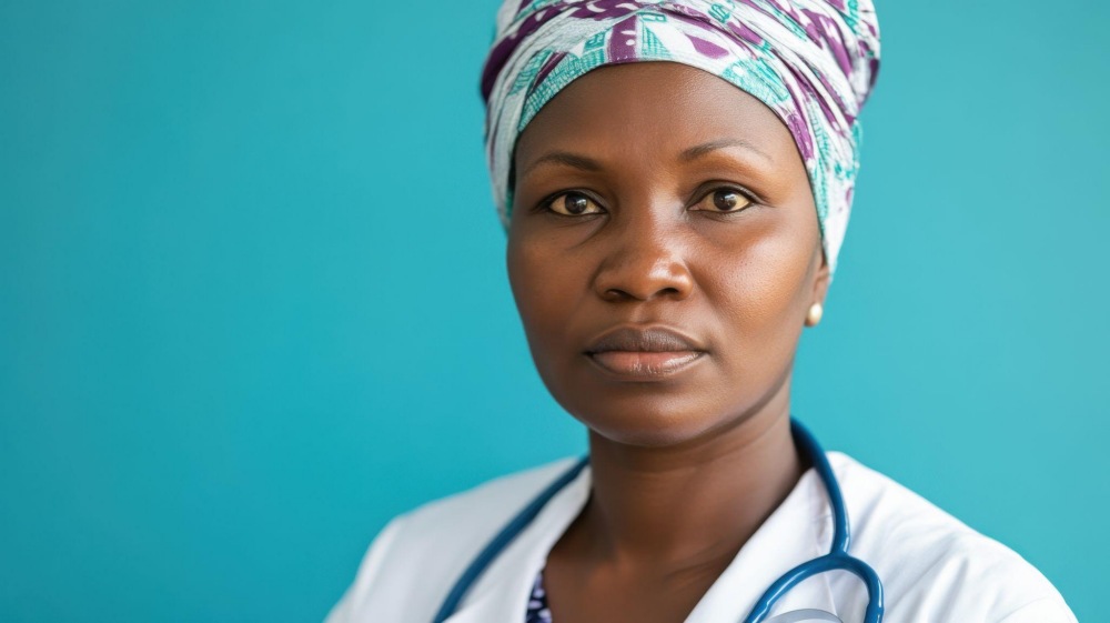Doctor in white coat with stethoscope and patterned headwrap on blue background