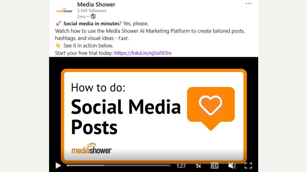 MediaShower social media post tutorial video with AI platform info, 3.3K followers