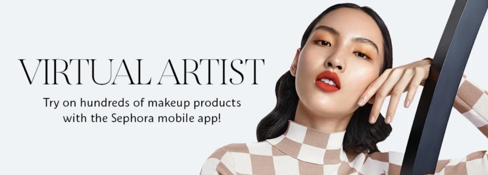 Sephora Virtual Artist ad: Woman with red lipstick promoting makeup try-on app