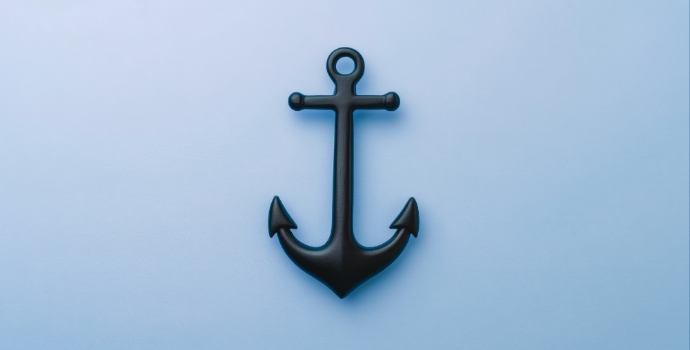 Black anchor icon on light blue background symbolizing stability
