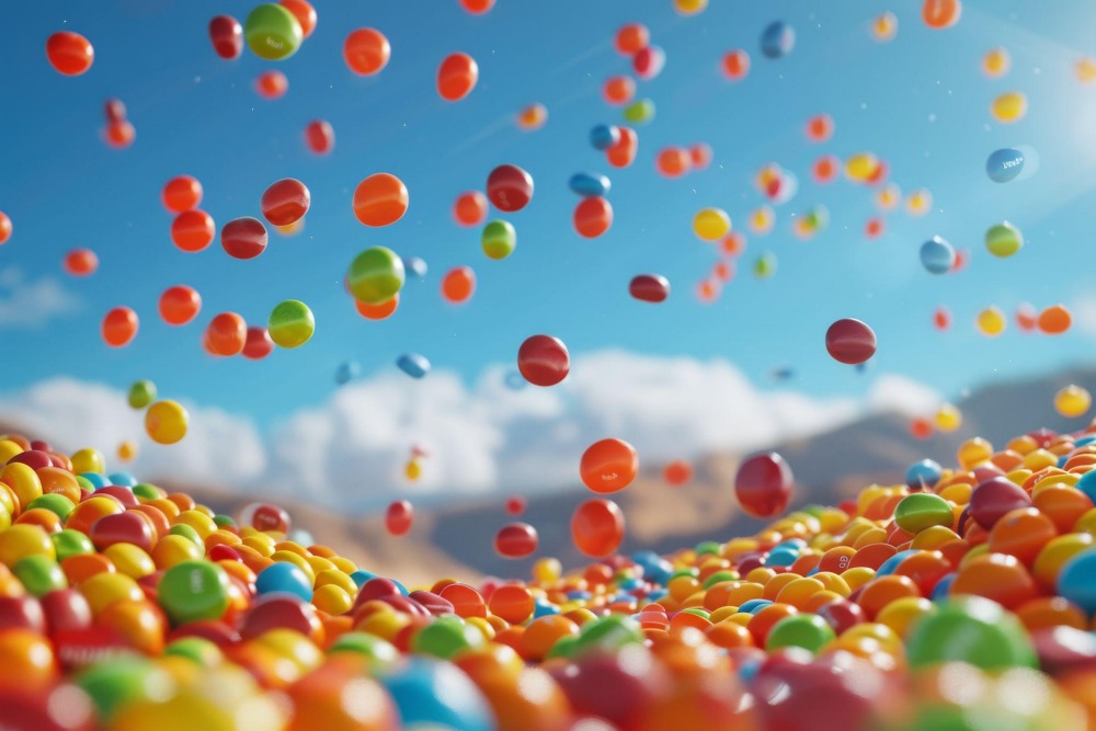 Colorful candy pieces floating and scattered against blue sky background